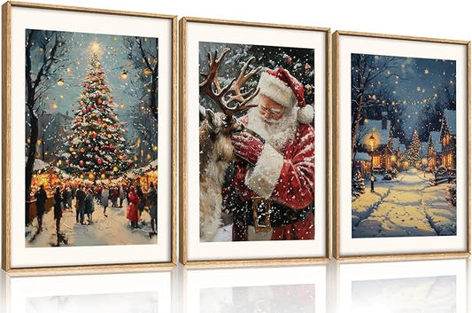 Large Enchanting Christmas Framed Canvas Wall Art Set,Santa Claus Reindeer Wall Decor,Magical Glowing Christmas Tree Artwork,Winter Snowy Village Art Print for Living Room,Bedroom- 16"x24"x3