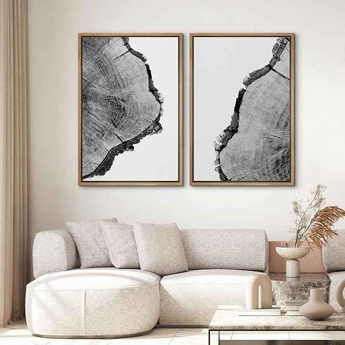 SIGNWIN Framed Wall Art Print Set Black & White Close Up Tree Ring Details Nature Wilderness Photography Modern Art Rustic Relax/Calm Multicolor for Living Room, Bedroom, Office - 24"x36"x2 Natural