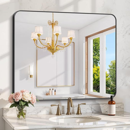 KOCUUY Bathroom Mirror 36"x40", Black Rectangle Mirrors for Wall, Large Metal Framed Vanity Mirror with Rounded Corner for Bedroom Living Room and Entryways Hangs Horizontal/Vertical