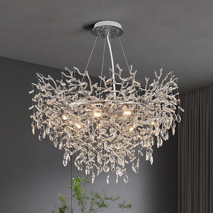 Modern Crystal Chandelier for Dining Room, 31.5" Chrome Tree Branch Chandeliers, 10-Light Luxury K9 Crystal Round Chandeliers for Kitchen Island Living Room