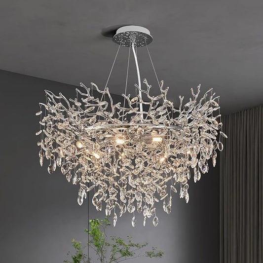 Modern Crystal Chandelier for Dining Room, 31.5" Chrome Tree Branch Chandeliers, 10-Light Luxury K9 Crystal Round Chandeliers for Kitchen Island Living Room