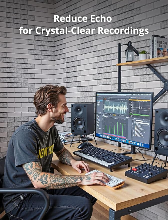 Acoustic Wall Panels, Brick Pattern Peel and Stick Sound Absorbing Panel for Ceiling, Door, Pared, 18 Pack 12"x12"x0.4", White Decorative Self Adhesive Wall Tiles for Recording Studio, Room