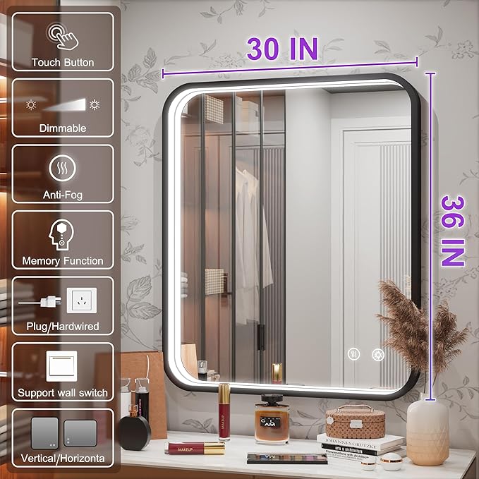 30x36 Inch Black LED Mirror for Bathroom with Lights, Framed Lighted Bathroom Vanity Mirrors, Wall Mounted, Stepless Dimmable, Anti-Fog, Memory Funtion, Horizontal or Vertical