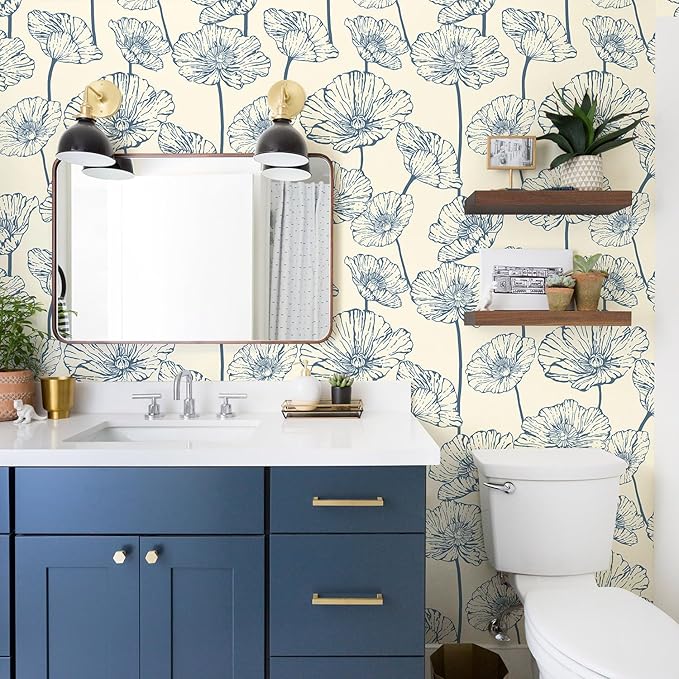 Orainege Peel and Stick Wallpaper Floral Contact Paper Blue and Beige Wallpaper 17.3inx393.7in Self Adhesive Wall Paper Boho Removable