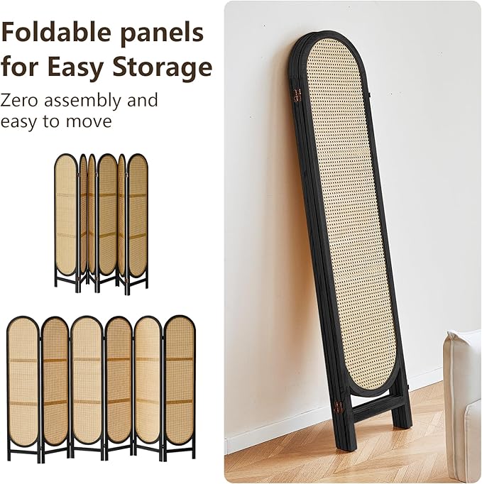 6 Panels Room Dividers and Hand-Woven Rattan Room Divider Wall, Wood Room Divider Folding Privacy Screens for Home Office Bedroom, Black