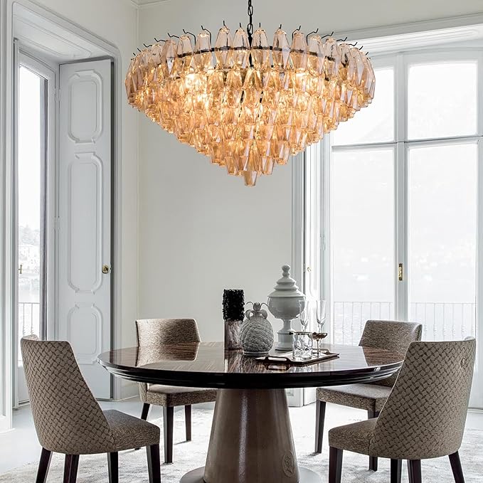 Large Chandelier, 37" Smoke Glass Chandelier for Living Room, 14-Light Round Drum Kitchen Island Hanging Light Fixture Perfect for Dining Room, Bedroom,Kitchen, Foyer- Black