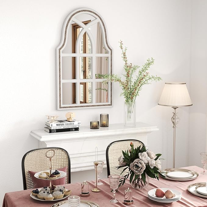 36x22 inches Arched Window Wall Mirrors with Grids, White Farmhouse Wooden Arch Mirror for Dresser, Bedroom, Stairways, Entryway and Living Rooms Decorative