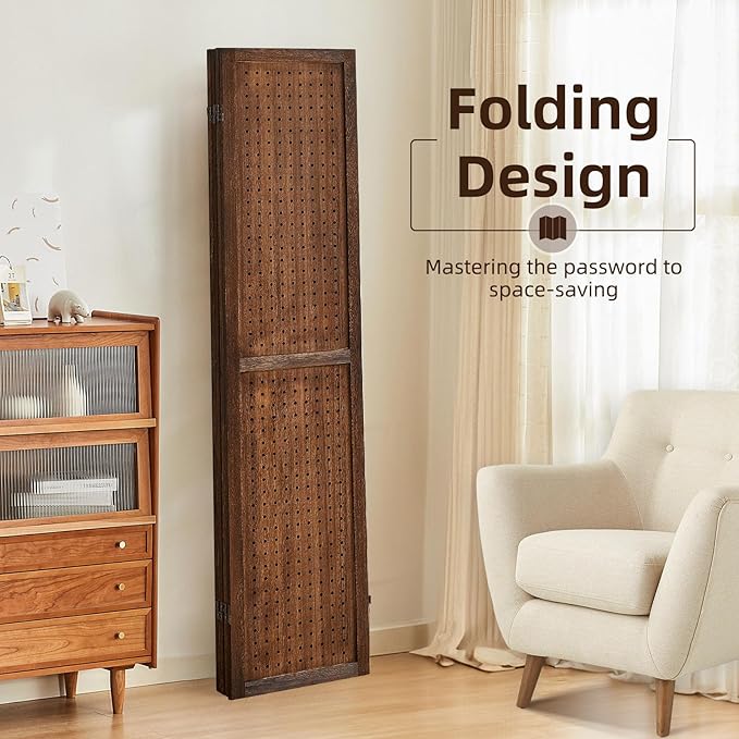 4 Panel Pegboard Display with 16 Hooks, Wooden Room Divider Wall and Folding Privacy Screens, Partition Room dividers, Pegboard Room Divider, Jewelry Store, Bedroom, Balcony, Dark Brown
