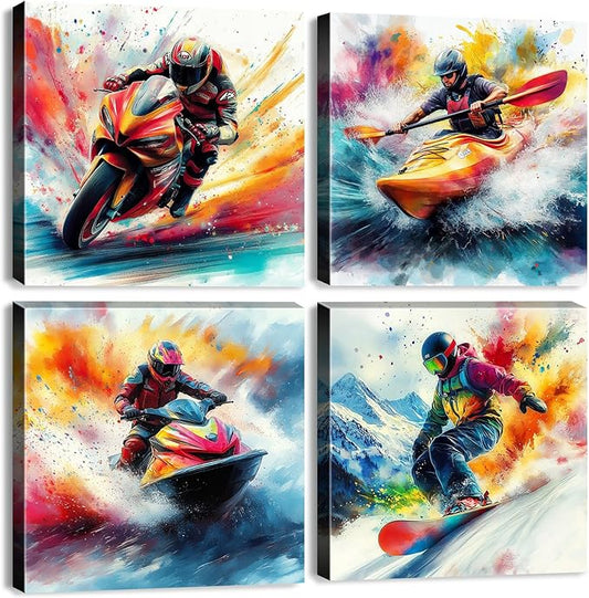 Leisure Sports Canvas Wall Art for Mens Bedroom Wall Decor Abstract Watercolor Skiing Surfing Pictures Colorful Jet Ski Athlete Framed Artwork Teenager Boys Room Decor Cool Home Decoration 16x16 4Pcs