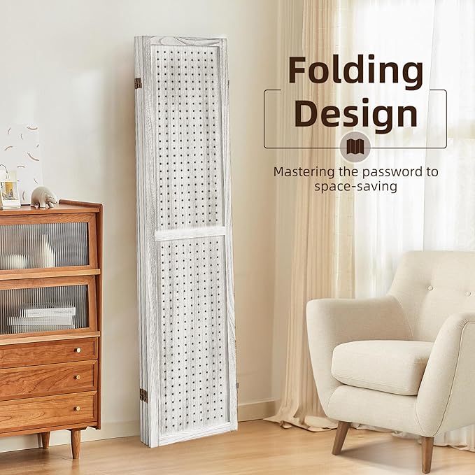 4 Panel Pegboard Display with 16 Hooks, Wooden Room Divider Wall and Folding Privacy Screens, Partition Room dividers, Pegboard Room Divider, Jewelry Store, Retail Store, Bedroom, White