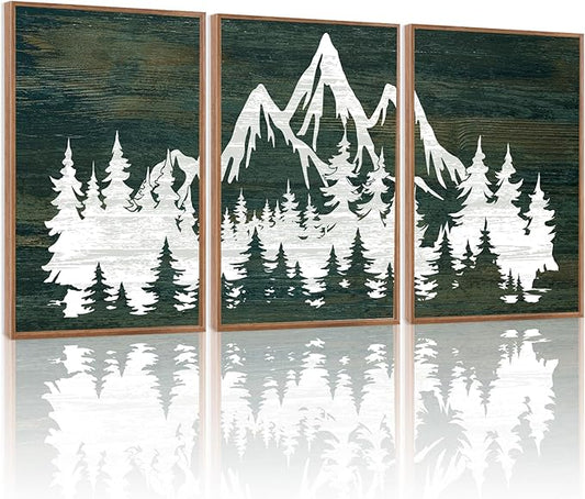 LHIUEM Framed Mountain Tree Canvas Wall Art Set of 3(12”X16”)Modern Greenery Forest Prints Abstract Country Mountain Rainier Wood Wall Picture Horizontal Long Wood Zen Artwork for Living Room Bedroom