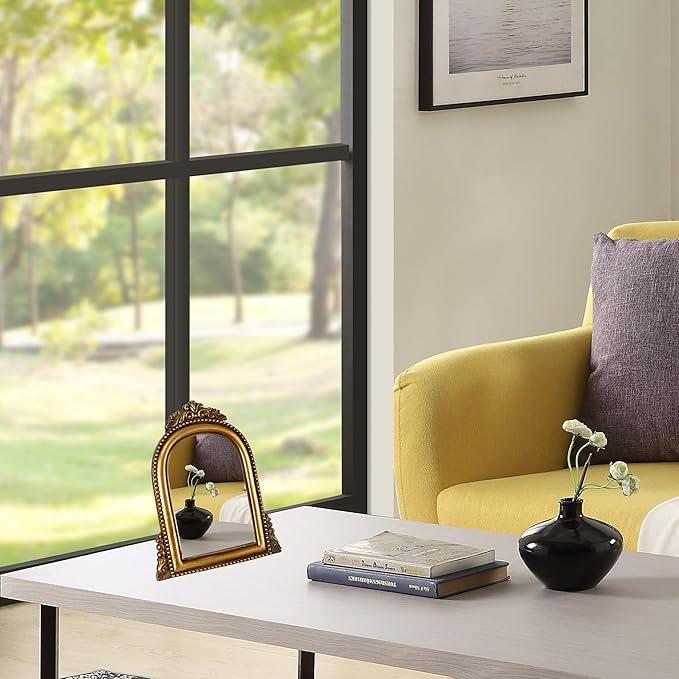 OIGUMR Smaller Vintage Gold Ornate Baroque Mirror Vanity Desk Table Mirror Arched Makeup Mirror with Resin Frame 9.6X6.5 inch