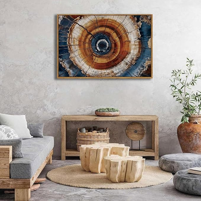 BingruiArt Large Framed Tree Ring Wall Art Wood Canvas Colorful Boho Wall Decor Rustic Artwork Abstract Painting Farmhouse Picture Nature Print for Living Room Bedroom Bathroom 24"x36" Natural Framed(05)