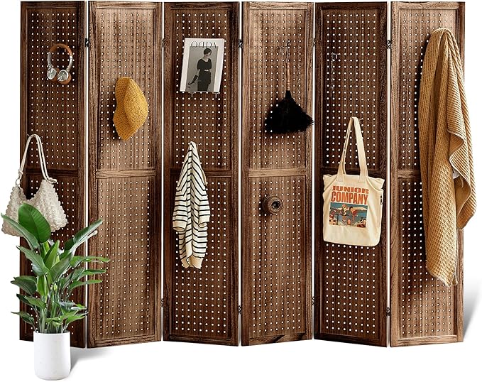 6 Panel Pegboard Display with 24 Hooks, Wood Room Divider Wall, 5.6Ft Folding Privacy Screen Divider Room, Portable Freestanding Wall Organizer for Bedroom Reading Room(Dark Brown)