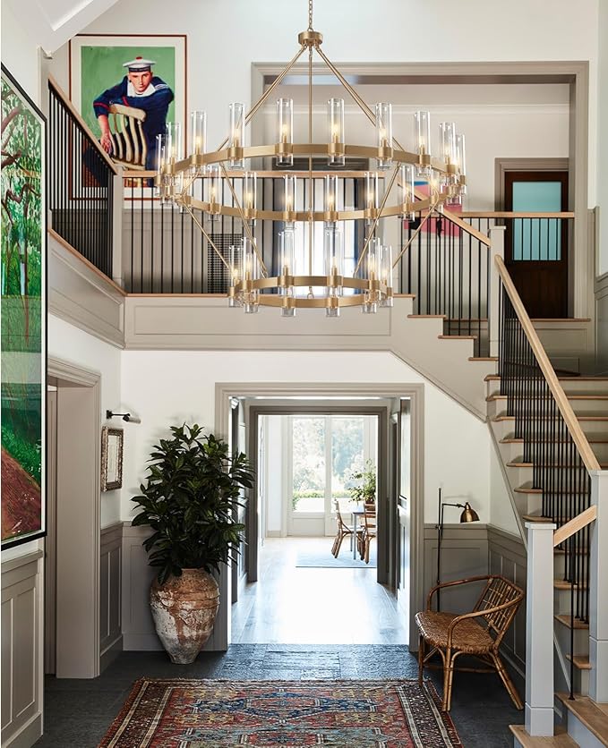 60" Gold Chandelier, 2 Tier Wagon Wheel Chandelier with Glass Shade, 30-Lights Large Round Modern Farmhouse High Ceilings Pendant Lighting Fixture for Dining Room, Living Room, Kitchen, Foyer