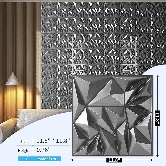 Art3d 33-Pack 3D Wall Panels - Diamond Textured Feature Paneling for Gaming, Living Room, TV Wall - 12 x 12 inch Silver