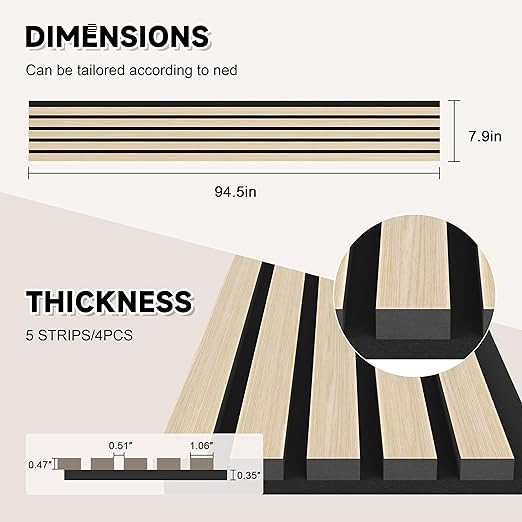 4 Pack Wood Slat Wall Wood Paneling,95 x 8 in Soundpoof Wooden Engineered Wooden Slat Wall Panels,Stylish Acoustic Wall Panels for Interior Walls Decor with Felt Backing,Natural