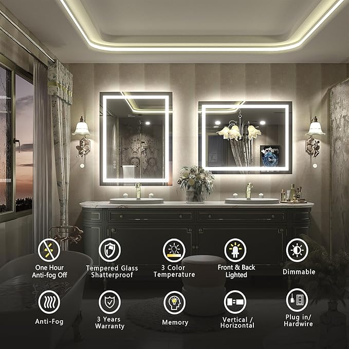 32x36 LED Bathroom Mirror with Lights, Lighted Bathroom Vanity Mirror for Wall, Backlit+Front Lit, Dimmable, Anti-Fog, Memory, Shatter-Proof, ETL Listed (Horizontal/Vertical)