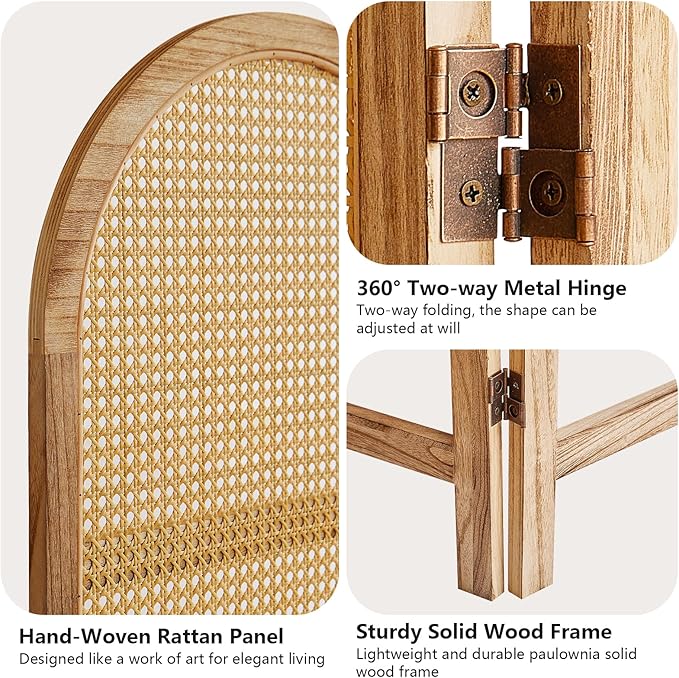 5.9 Ft Tall 3 Panel Room Divider Screen, Foldable Wooden Room Divider Panel, Folding Privacy Screen Made of Hand-Woven Rattan, Portable Wall Divider for Room Separation HomeOffice - Natural
