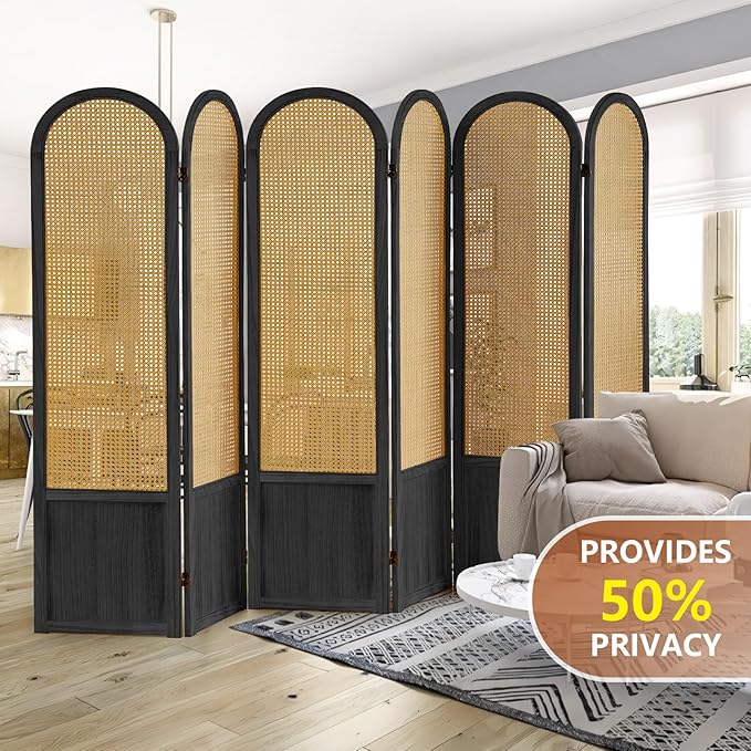 6 Panel Room Divider and Folding Privacy Screen, 5.6 Ft Foldable Double Hinged Rattan Partition, Hand-Woven Rattan Room Divider Portable Wood Freestanding Wall Divider for Room Separation - Black