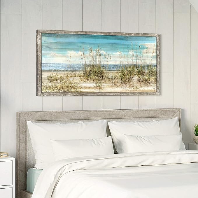 Beach Framed Wooden Wall Art: 48"x24" Coastal Theme Painting Ocean Artwork Seaside Sand Dunes Picture Prints for Home Decor