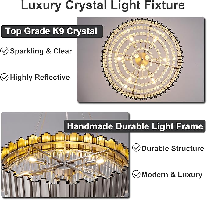 5-Tier 27.5" Silver Chandelier, 9-Light Modern Crystal Chandelier, Luxury Round K9 Crystal Chandeliers Light Fixture for Dining Room, Living Room, Bedroom, Foyer, Entryway, Kitchen, Restaurant