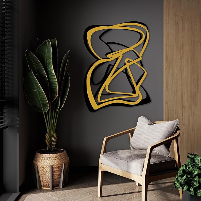 Black with Gold Abstract Metal Wall Art, Geometric Abstract Metal Wall Decor, Black and Gold Wall Decor, Modern Line Art Sculpture for Living Room,Luxury Wall Sign
