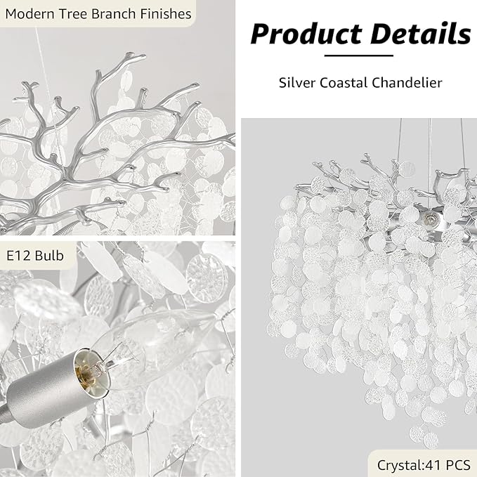 6-Light Capiz Shell Chandeliers, 18 Inch Modern Coastal Light Fixture for Living Room Bedroom, Round Crystal Tree Branch Pendant Lighting for Bathroom Foyer Kitchen Island, Silver