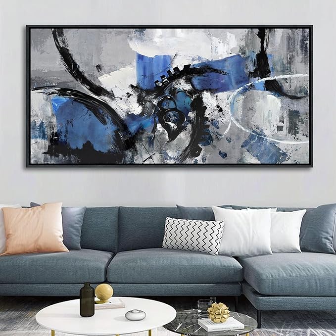 Blue Abstract Wall Art - Large Canvas Wall Art in Navy Blue and Black, Framed Gray Artwork for Living Room, Bedroom, and Office Decorations for Work - Modern Wall Decor and Pictures 30×60IN