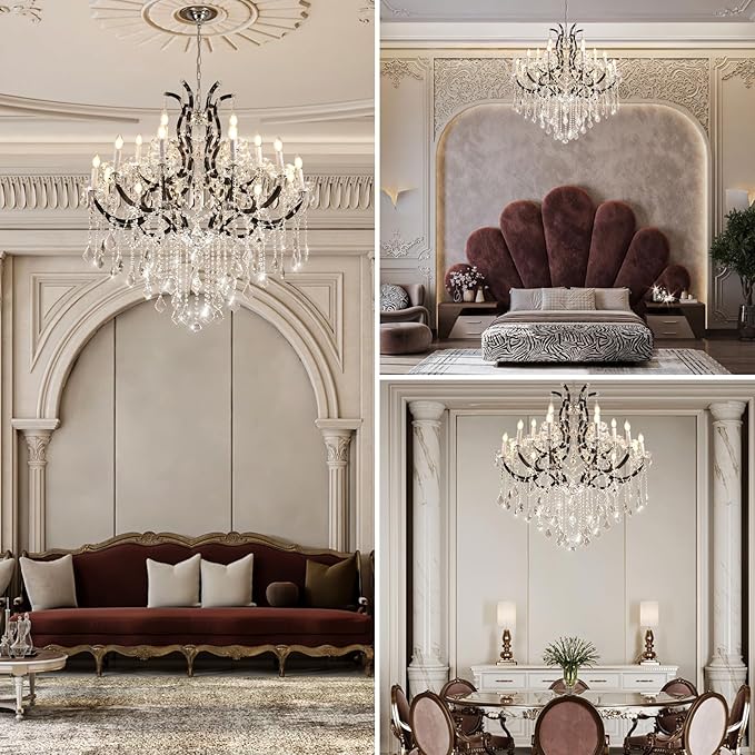 Large Black Crystal Chandelier Light Fixtures, 18 Lights Modern Crystal Chandeliers for Dining Room,Staircase Hallway Living Room Entryway,2 Layers 41'' Foyer Chandelier