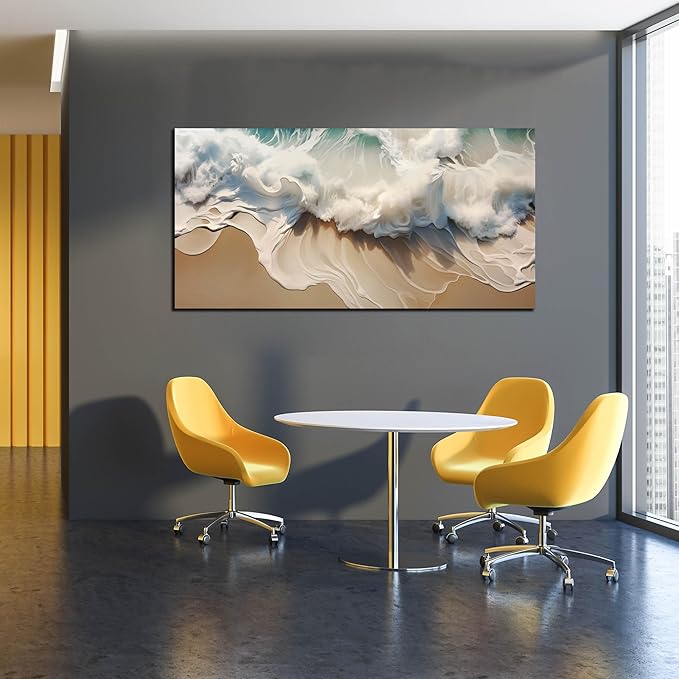Ocean Waves Canvas Wall Art for Living Room, Beach Scenery View Home Decor Picture, Sea Waves Canvas Wall-Decoration, Seaside Scene Decorative Print Artwork for Office Bedroom, Size 48x24 Inches