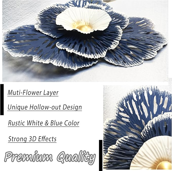 10" Metal Flower Wall Art Decor, Rustic Modern Floral Sculpture, Distressed Iron Wall Hanging Home Decoration Accent Artworks for Indoor Kitchen Bedroom Living Office Outdoor Garden Patio (36D-Blue)