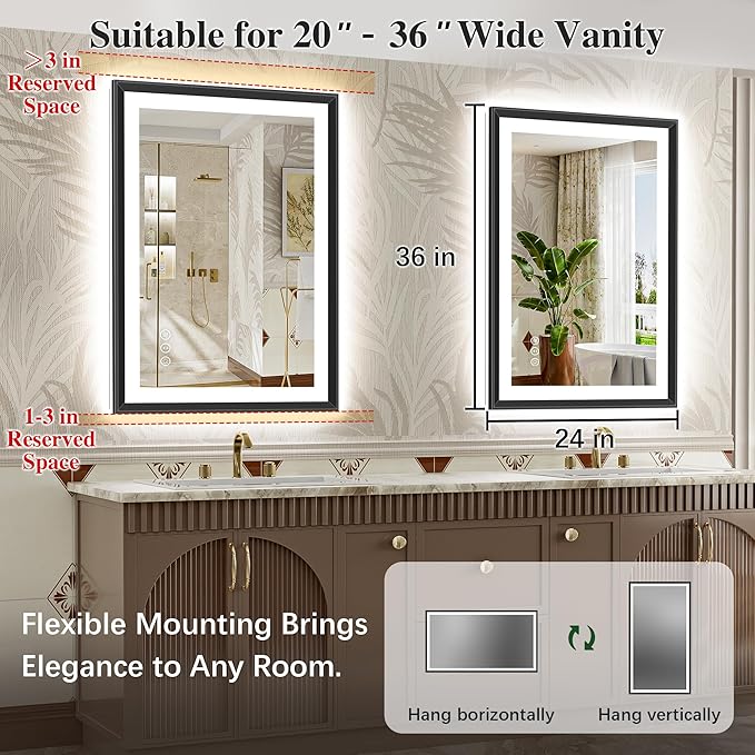 24x36 Black Framed Led Bathroom Mirror with Lights, Front Lit and Backlit, Lighted Vanity Mirror for Bathroom Wall, Anti-Fog, Dimmable, 3 Colors, Memory, HD Tempered Glass
