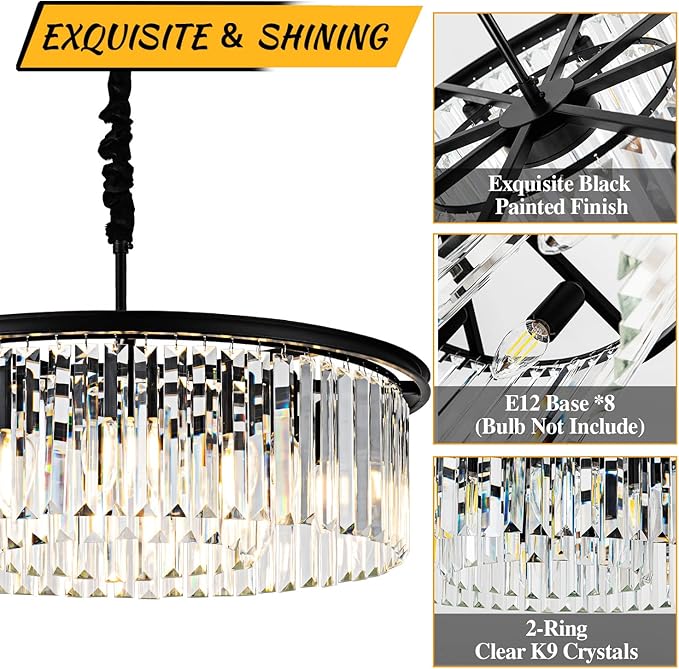 23" 8-Light Modern Crystal Chandelier Light Fixtures 2 Rings Black Luxury Chandeliers for Dining Room Round Hanging Pendant Lighting for Living Room Kitchen Entryway Bedroom