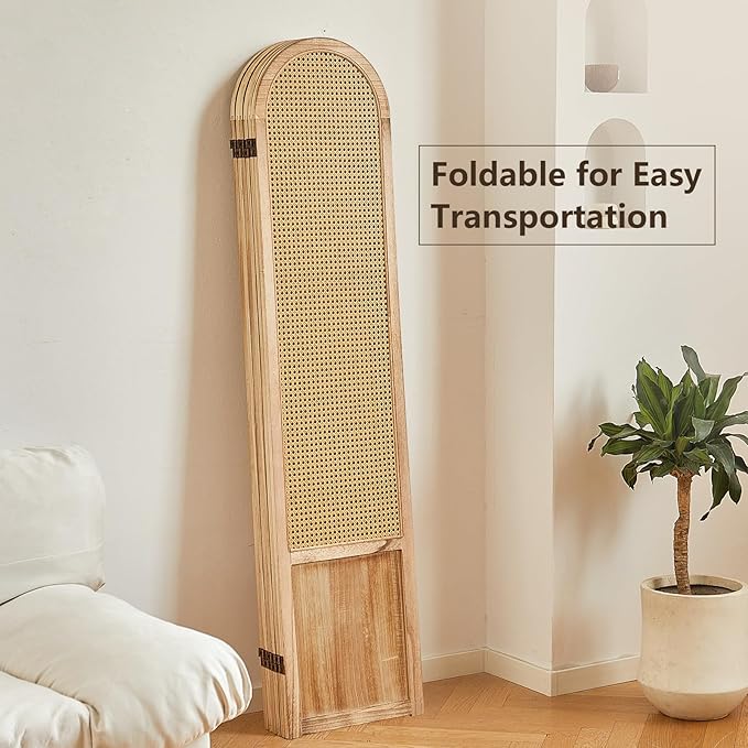 6 Panel Rattan Room Divier, Room Divider Panel and Folding Privacy Screens, Room Divider Wall, Solid Wood Frame, Partition Room Dividers, Bedroom, Lounge, Light Brown