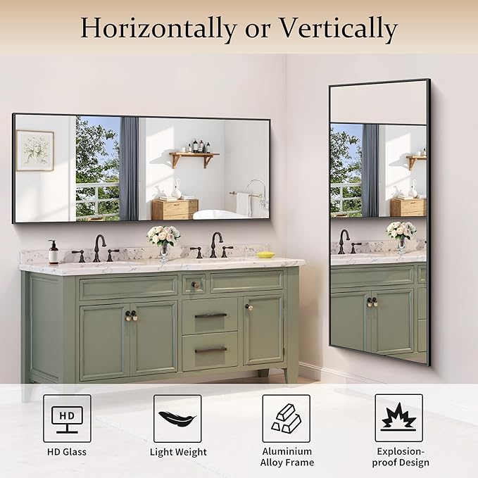 Black Bathroom Mirror for Wall, 24x60 Inch Rectangle with Metal Frame, Modern Vanity for Bathroom Living Room, Entryway Hangs Horizontal or Vertical