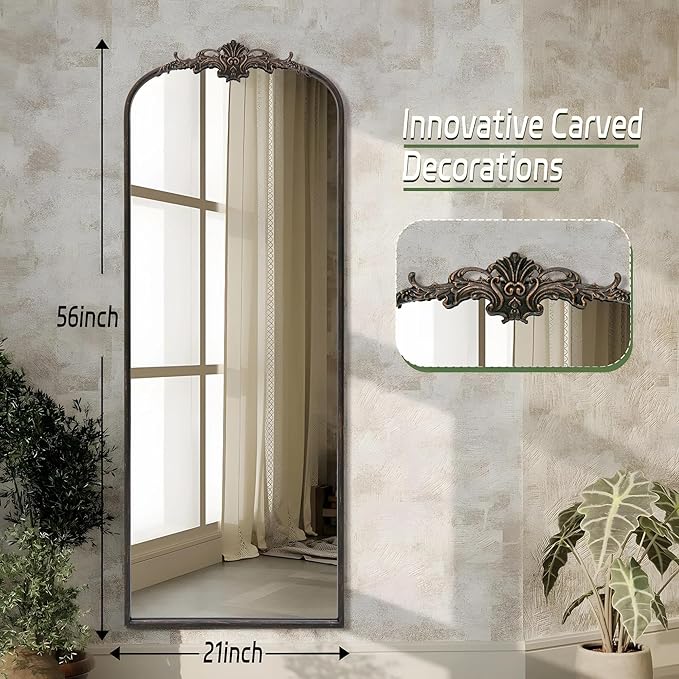 Arched Mirror Full Length: 21"x56" Black Vintage Full Body Mirror - Floor Antique Baroque Traditional Ornate for Entryway/Cloakroom/Bedroom/Living Room - Home Decor for Homemakers