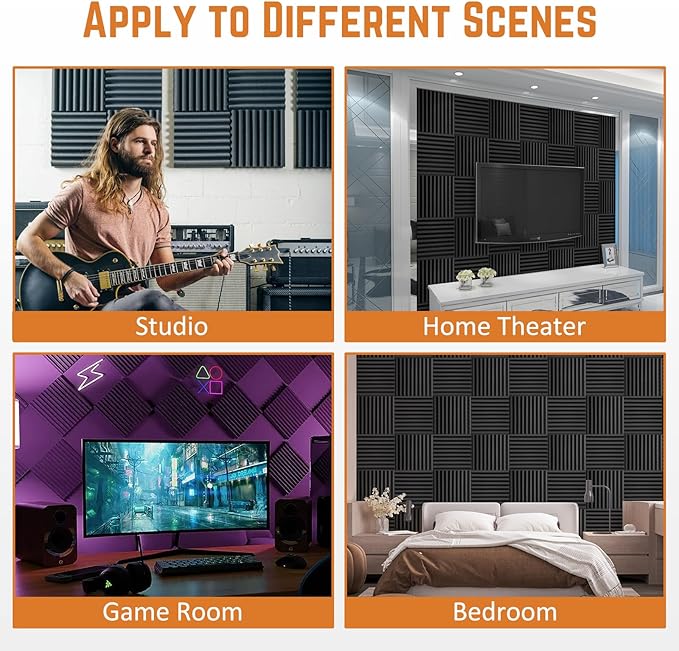 56 Pack Acoustic Foam Panels 1" x 12"x 12" Saiqiang Sound Proof Panels Black Soundproofing for Wall Fire Resistant Wedges Insulation Noise Absorbing for Office Home Studio