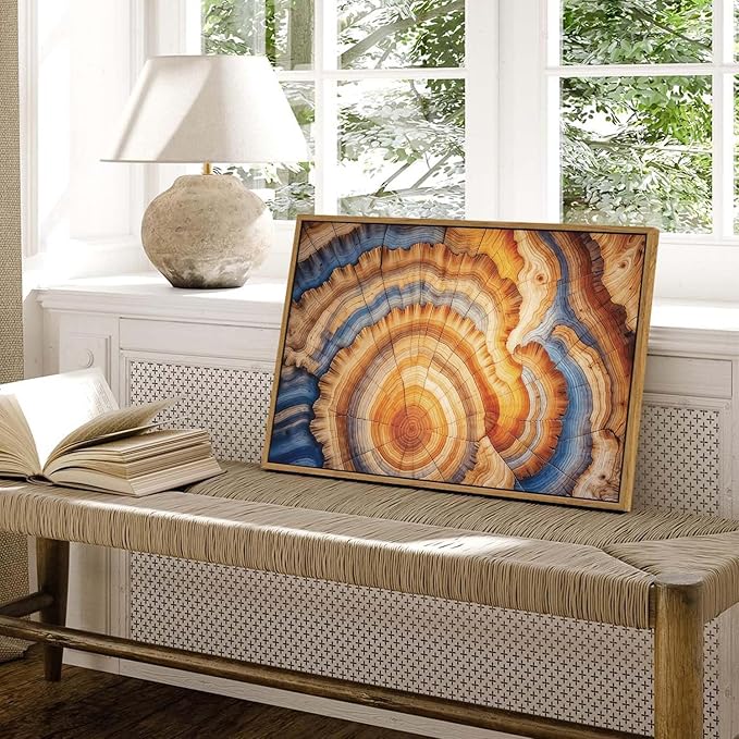 BingruiArt Framed Tree Ring Canvas Wall Art Abstract Wood Wall Decor Boho Modern Colorful Nature Painting Wood Stump Prints Pictures for Living Room Bedroom Bathroom Office 16"x24" Natural Framed(09)
