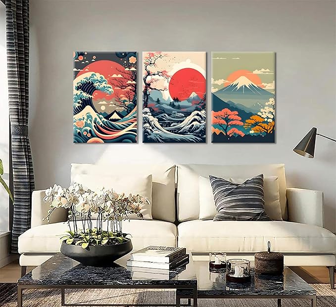 3Pcs Japanese Wall Art Japanese Fuji Wall Decor Asian Nature Landscape Posters Pictures Kanagawa Giant Wave Canvas Prints Cherry Blossom Lake Painting for Living Room Bedroom Office Framed