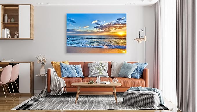 Aibonnly Wall Art Canvas Painting Seaside Sunset over the beaches 1 Piece blue sea view Ocean Picture Poster Print Framed and Stretched Ready to Hang for Living Room Bedroom Kitchen Office
