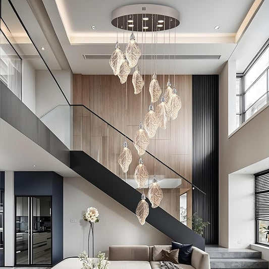 Large Chandeliers for High Ceilings, 20-Lights Modern LED Long Staircase Chandeliers, H78 Bionic Leaf High Ceiling Foyer Chandelier, Big Chandelier Light Fixture for Foyer Entryway-Silver