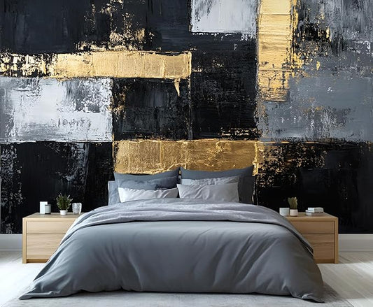 Black White Graffiti Mural Wallpaper, Gold Stripes Murals, Modern Fashion Art Murals, Wallpaper for Living Room Bedroom Boy Girl Room Home Decor Mural (Not Peel Stick)