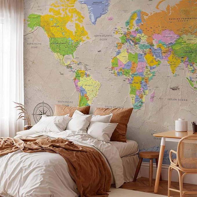 artgeist Wall Mural World Map 193x138 in - XXL Peel and Stick Self-Adhesive Wallpaper Removable Large Sticker Foil Wall Decor Print Picture Image Design Map of The World k-A-0129-a-a