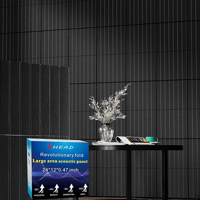 12 Pack Large Fold Soundproof Wall Panels, 12 x 12 x 0.47 in Sound Proof Foam Panels for Walls, 1.2lb/ft³ High Density, Thicker 0.47in, Acoustic Panels, Sound Dampening Panels Black