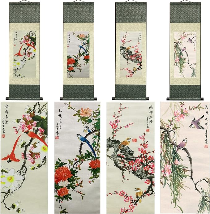 AtfArt Wall Art 4 Pack Asian Decor Birds & Flowers Silk Scroll Painting (36.2 x 12 in) - Chinese Art Wall Hanging, Fade-Resistant, Home Office