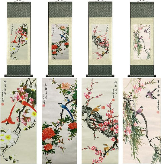 AtfArt Wall Art 4 Pack Asian Decor Birds & Flowers Silk Scroll Painting (36.2 x 12 in) - Chinese Art Wall Hanging, Fade-Resistant, Home Office