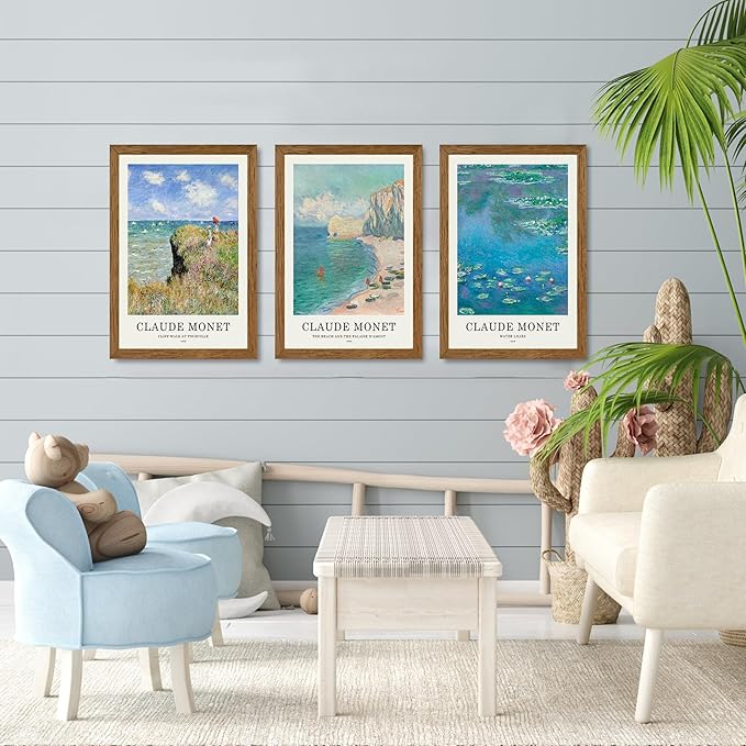 JLTULT 3 Piece Framed Vintage Claude Monet Canvas Wall Art, Impressionism Landscape Wall Decor, The Cliff Walk at Pourville Water Lilies Prints for Living Room Bedroom Office 16x24 in Easy to Hang