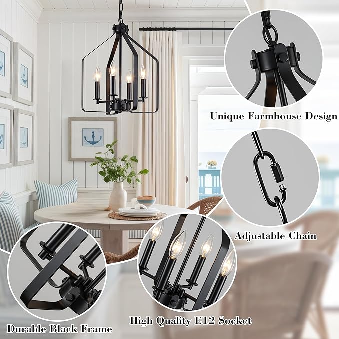 4-Light Black Farmhouse Chandelier, Geometric Industrial Cage Pendant Light, Adjustable Rustic Fixture for Dining Room, Kitchen Island, Entryway & Bedroom