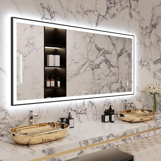 77x36 Large Light Bathroom Mirror - Backlit and Front Lighted LED Wall-Mounted Vanity Mirror Modern Rectangle Black Mirror, Dimmable, Anti-Fog, Memory, Shatterproof, ETL Listed (Horizontal/Vertical)